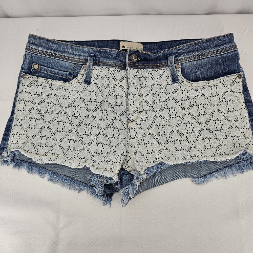 Roxy Y2K High Waist Floral Lace Front Denim‎ Jean Shorts Size 13